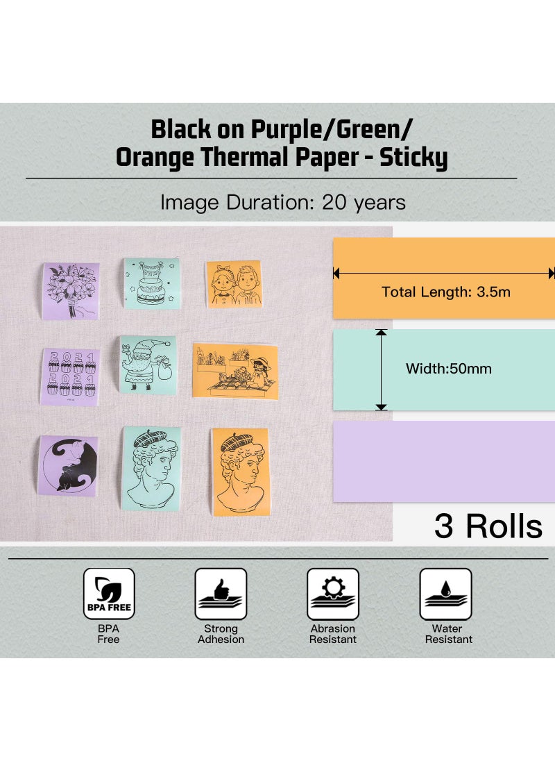 Memoking Memoking T02/M02X/M02L Purple/Green/Orange Thermal Paper-20-Year Sticky 50mmx3.5m for Journal Photo Texts Study Notes and More, 3 Rolls  - Image 2