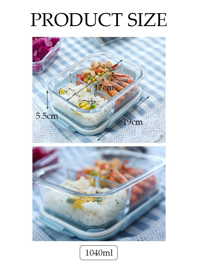 DUNISO 2 قطع حاويات زجاجية لتحضير الوجبات، صندوق غداء بثلاثة أقسام مع غطاء زجاجي، حاويات غداء زجاجية للتسخين في الميكروويف زجاج بوروسيليكات عالي 1040 مل مع حقيبة معزولة وأدوات مائدة، للاستخدام في الميكروويف، الفرن، الفريزر وغسالة الصحون - Image 2