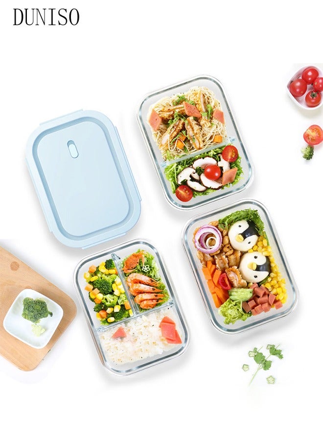 DUNISO 2 قطع حاويات زجاجية لتحضير الوجبات، صندوق غداء بثلاثة أقسام مع غطاء زجاجي، حاويات غداء زجاجية للتسخين في الميكروويف زجاج بوروسيليكات عالي 1040 مل مع حقيبة معزولة وأدوات مائدة، للاستخدام في الميكروويف، الفرن، الفريزر وغسالة الصحون - Image 3