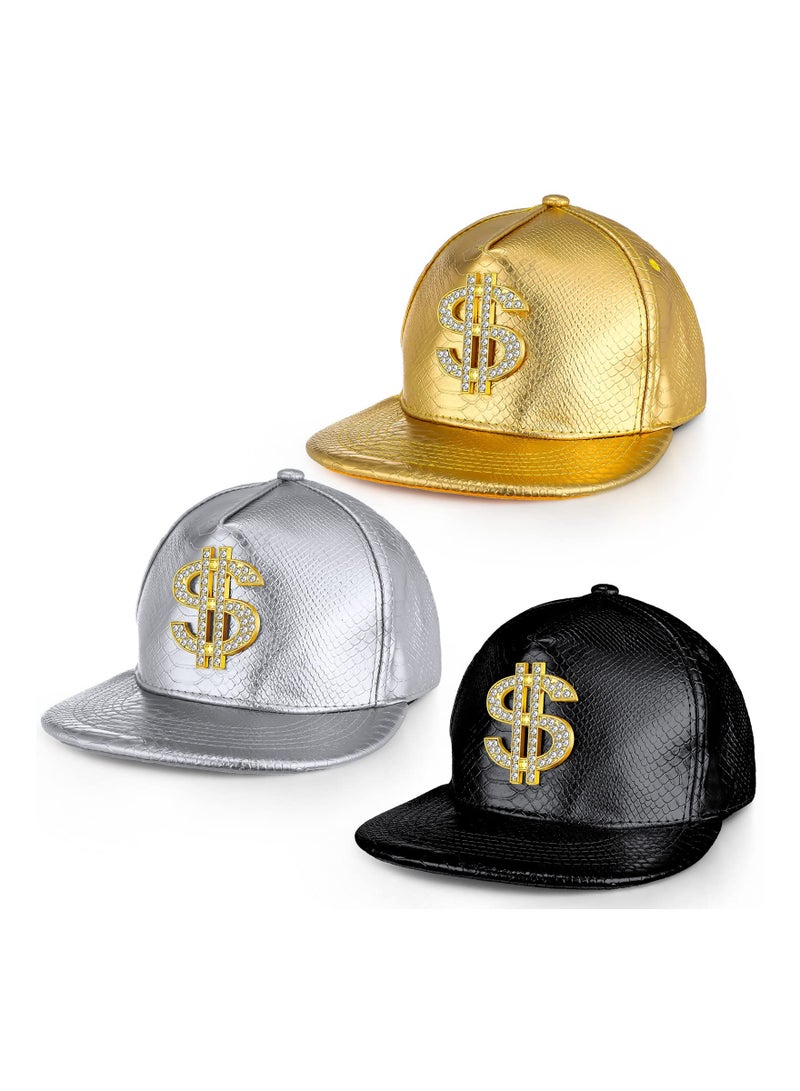 3PCS Gold Hip Hop Cap Set, Funny Adjustable Baseball Snapback Hat with Dollar Sign, 80s 90s Style, Leather Brim, Unisex Outdoor Hat for Men and Women. - Image 1