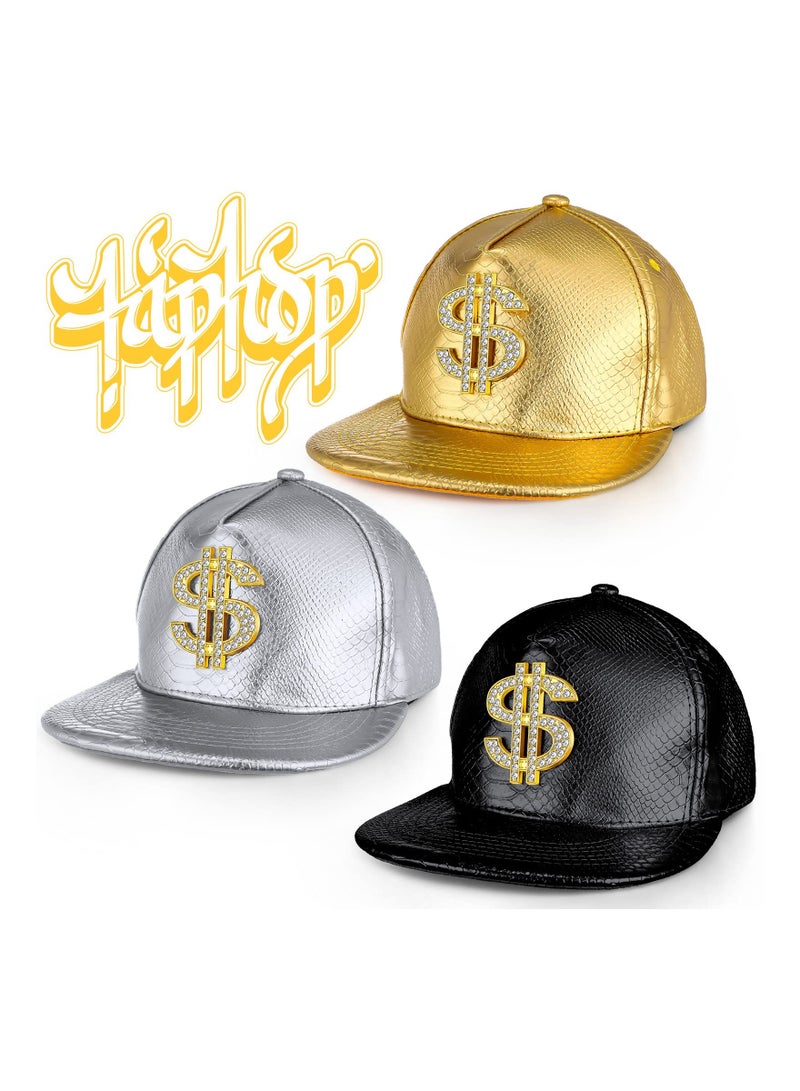 3PCS Gold Hip Hop Cap Set, Funny Adjustable Baseball Snapback Hat with Dollar Sign, 80s 90s Style, Leather Brim, Unisex Outdoor Hat for Men and Women. - Image 5