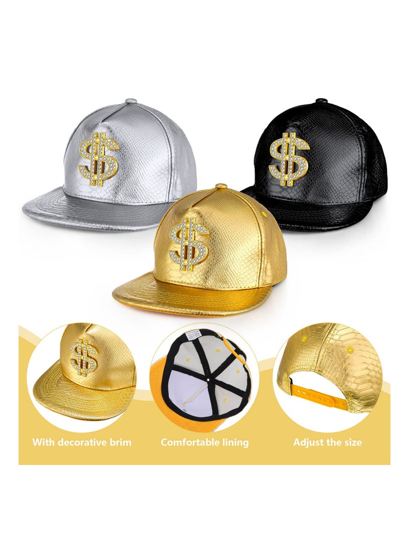 3PCS Gold Hip Hop Cap Set, Funny Adjustable Baseball Snapback Hat with Dollar Sign, 80s 90s Style, Leather Brim, Unisex Outdoor Hat for Men and Women. - Image 3