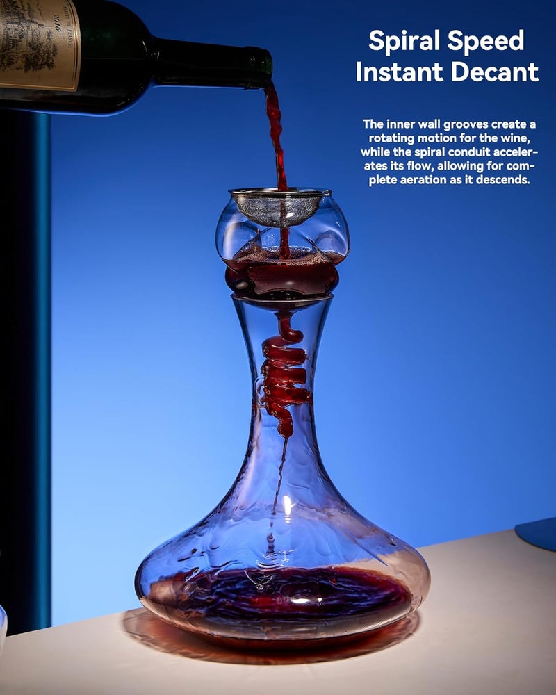 Fioance Premium Wine Decanter with Aerator - Red Wine Carafe in Elegant Hand-Blown Lead-Free Crystal Glass Design for Red and White Wines (Clear Wine Decanter Set) - Image 3