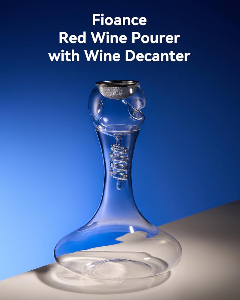 Fioance Premium Wine Decanter with Aerator - Red Wine Carafe in Elegant Hand-Blown Lead-Free Crystal Glass Design for Red and White Wines (Clear Wine Decanter Set) - Image 2