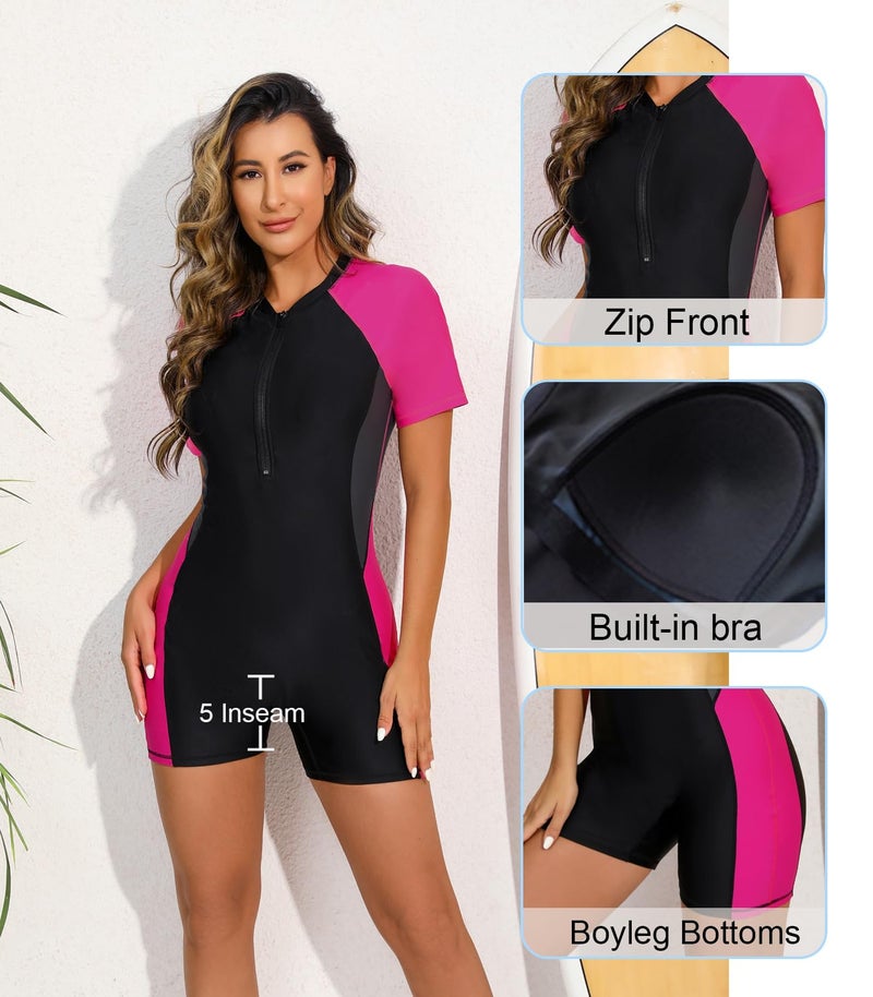 Halcurt Women's Boyleg One Piece Rash Guard with Built in Bra Zip Front UPF50+ Short Sleeve Full Body Surfing Swimsuit Neon Pink Black Gray L - Image 5