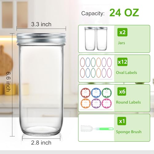 CARBLIN Wide Mouth Mason Jars 24 oz 2 Pack 720ml Glass Canning Jars with Airtight Lids Large Storage Jar with Labels Brush Clear Mason Jars for Canning Fermenting Pickling DIY Projects - Image 3