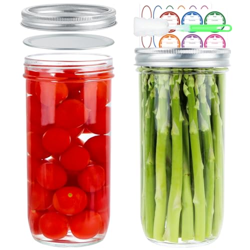 CARBLIN Wide Mouth Mason Jars 24 oz 2 Pack 720ml Glass Canning Jars with Airtight Lids Large Storage Jar with Labels Brush Clear Mason Jars for Canning Fermenting Pickling DIY Projects - Image 1