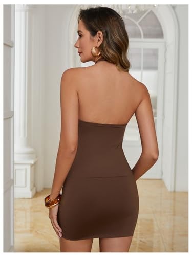MakeMeChic Women's Ruffle Mini Dress Y2k Backless Sleeveless Western Going Out Halter Dresses Brown Large - Image 2