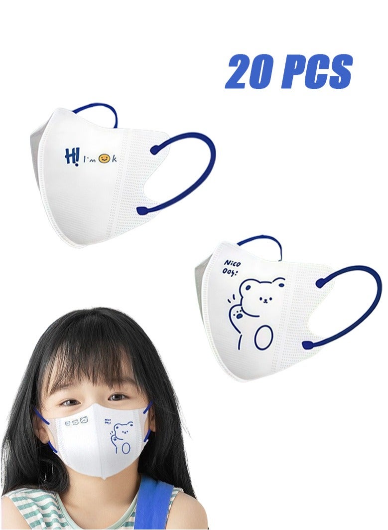 اعاره 20 Pcs 3D Disposable Face Mask for kids,3 Layer Protective White Face Mask with Cartoon Pattern,Suitable Children Small Size Age 3-12 - Image 1