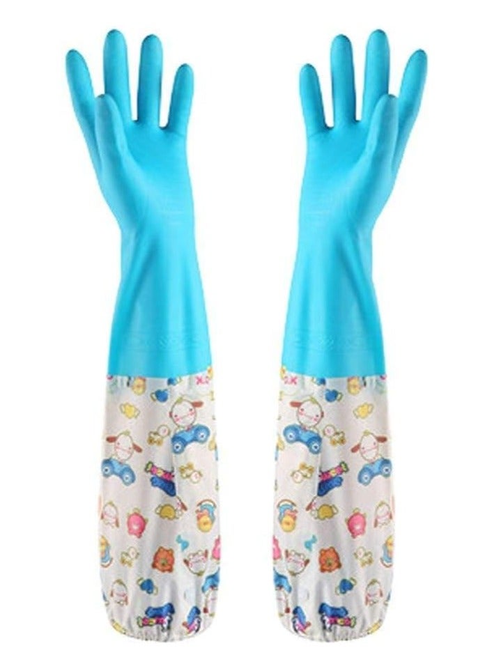 Premium Latex Rubber Cleaning Gloves for Housework – Long Waterproof Dishwashing Gloves with Bundle Cuff, Winter Velvet Lining, Heat-Resistant and Insulated Kitchen Gloves for Daily Cleaning – Blue Cartoon / Assorted Colors - Image 1