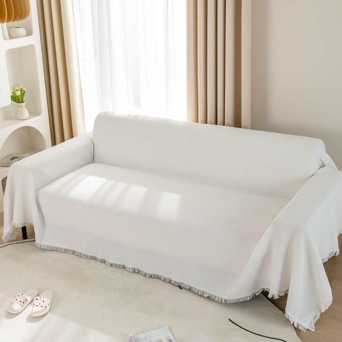 WOVEN WAFFLE SOFA THROW BLANKET WITH TASSELS REVERSIBLE 180X300CM LARGE THROWS FOR 3 SEATER SOFAS SETTEES COUCH AND ARMCHAIR WHITE 7087 X 11811 INCHES