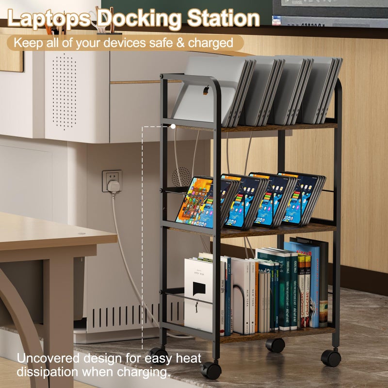 Feyejade Rolling Book Cart with Removable Dividers, 3-Tier File Cart with Wheels, Utility Storage Rack for Office, Home, Classroom, Art Supply Organizer, Binder and Laptop Shelf Rack - Image 4