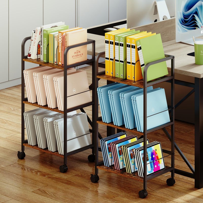 Feyejade Rolling Book Cart with Removable Dividers, 3-Tier File Cart with Wheels, Utility Storage Rack for Office, Home, Classroom, Art Supply Organizer, Binder and Laptop Shelf Rack - Image 1