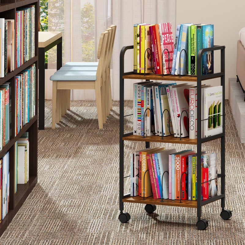 Feyejade Rolling Book Cart with Removable Dividers, 3-Tier File Cart with Wheels, Utility Storage Rack for Office, Home, Classroom, Art Supply Organizer, Binder and Laptop Shelf Rack - Image 2
