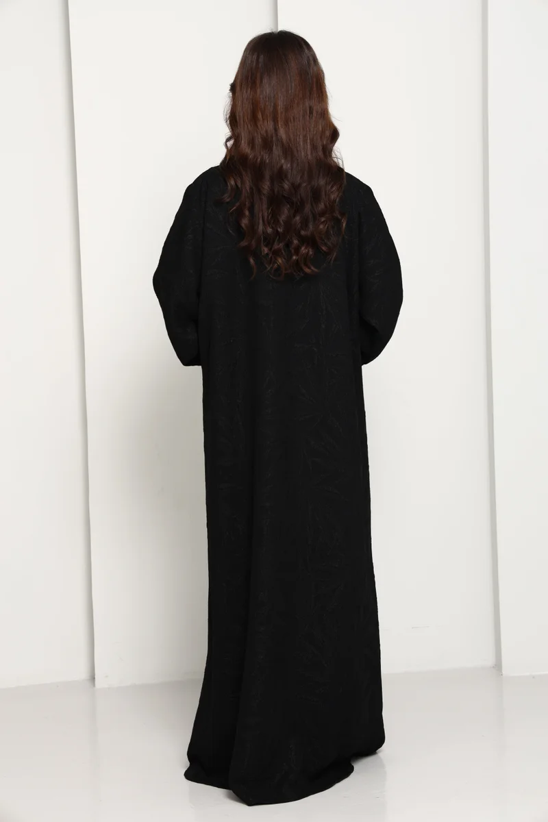 MSquare Fashion  Jet Black Tonal Jacquard Open Abaya with Tailored Lapel for Women | Best Price UAE