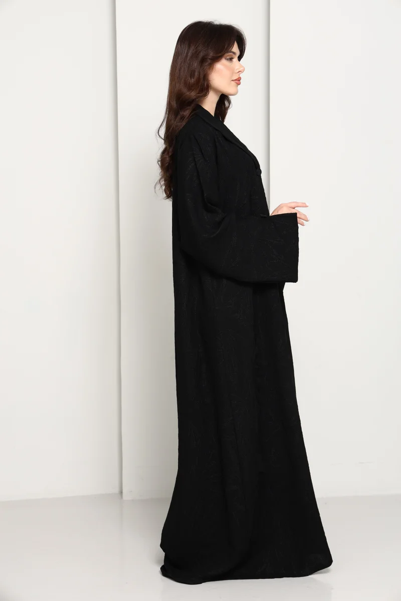 MSquare Fashion Jet Black Tonal Jacquard Open Abaya with Tailored Lapel