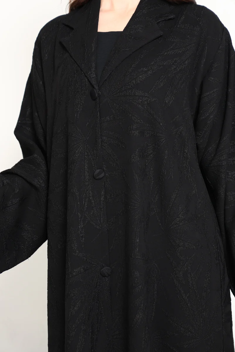 MSquare Fashion  Jet Black Tonal Jacquard Open Abaya with Tailored Lapel for Women | Best Price UAE