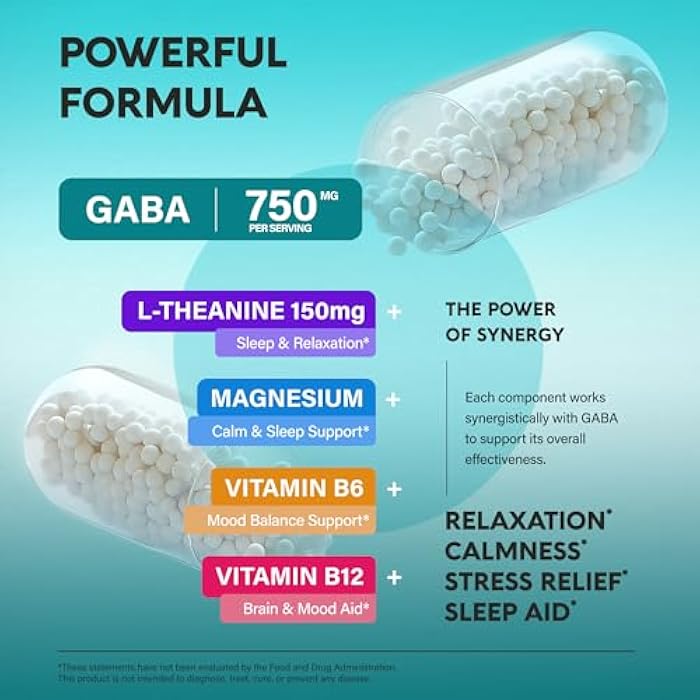 NUTRAHARMONY GABA L-Theanine 900 mg - Made in USA - Magnesium | Vitamin B6 - Calm, Sleep, Relaxation & Mood Support - 750 mg Gamma AminoButyric Acid, 150 mg L-Theanine - Non-Habit Forming, Vegan - 120 Capsules - Image 5