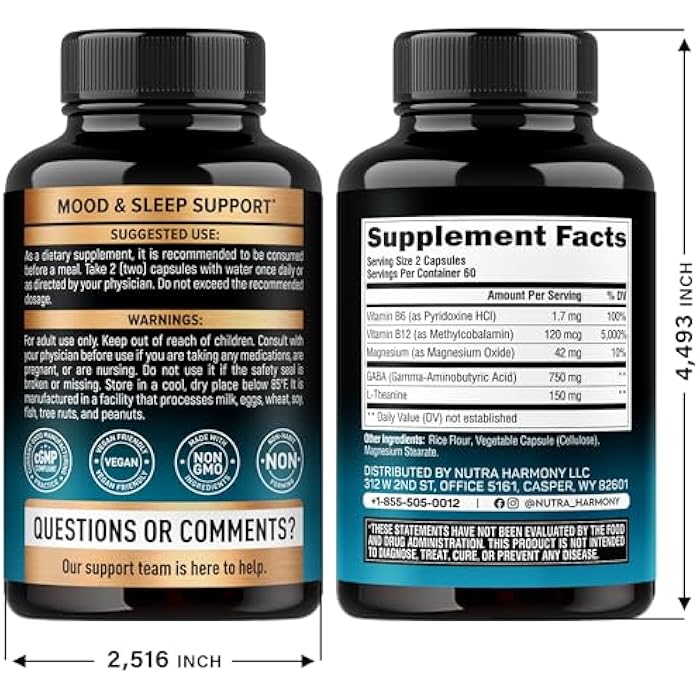 NUTRAHARMONY GABA L-Theanine 900 mg - Made in USA - Magnesium | Vitamin B6 - Calm, Sleep, Relaxation & Mood Support - 750 mg Gamma AminoButyric Acid, 150 mg L-Theanine - Non-Habit Forming, Vegan - 120 Capsules - Image 2