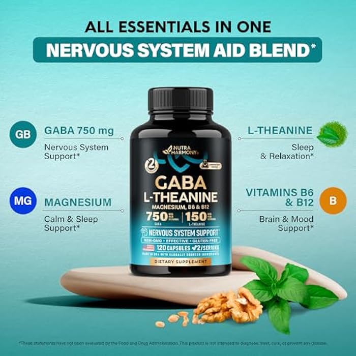 NUTRAHARMONY GABA L-Theanine 900 mg - Made in USA - Magnesium | Vitamin B6 - Calm, Sleep, Relaxation & Mood Support - 750 mg Gamma AminoButyric Acid, 150 mg L-Theanine - Non-Habit Forming, Vegan - 120 Capsules - Image 4