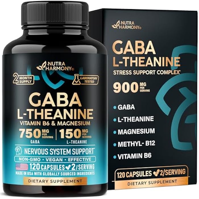 NUTRAHARMONY GABA L-Theanine 900 mg - Made in USA - Magnesium | Vitamin B6 - Calm, Sleep, Relaxation & Mood Support - 750 mg Gamma AminoButyric Acid, 150 mg L-Theanine - Non-Habit Forming, Vegan - 120 Capsules - Image 1
