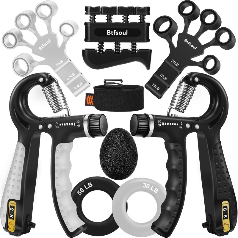 Btfsoul Grip Strength Trainer Kit with Hand Gripper Strengthener, Finger Exerciser, Forearm Workout Ring, Double-Sided Finger Stretcher(Gripster) and Stress Relief Ball (black grey) - Image 1