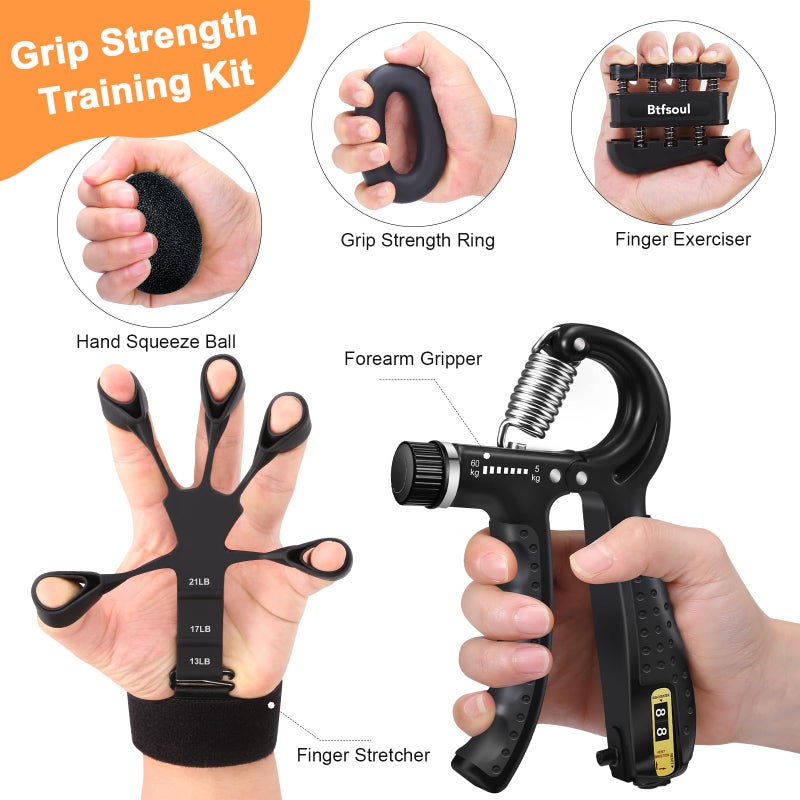 Btfsoul Grip Strength Trainer Kit with Hand Gripper Strengthener, Finger Exerciser, Forearm Workout Ring, Double-Sided Finger Stretcher(Gripster) and Stress Relief Ball (black grey) - Image 2