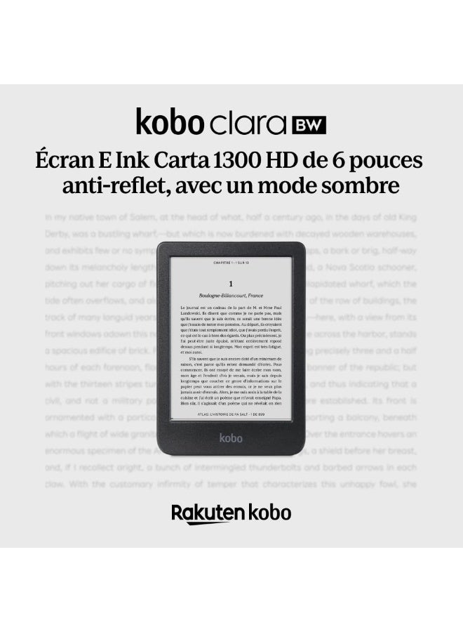 كوبو قارئ الكتب الإلكترونية Kobo Clara BW | شاشة لمس مقاس 6 بوصات خالية من الوهج مع ComfortLight PRO | وضع داكن | يدعم الكتب الصوتية | مقاوم للماء | سعة تخزين 16 جيجابايت | أسود - Image 2