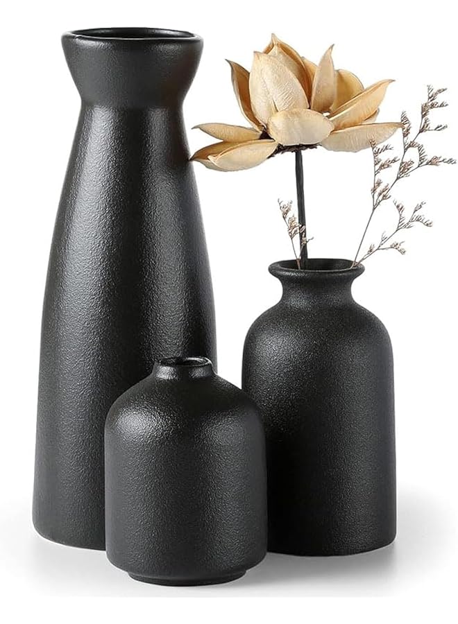 The Bros Black Ceramic vase Set-3 Small Flower vases for Decor,Modern Boho Farmhouse Home Decor,Decorative vase for Pampas Grass&Dried Flowers,idea Shelf,Table,Bookshelf,Entryway- Distressed - Image 1
