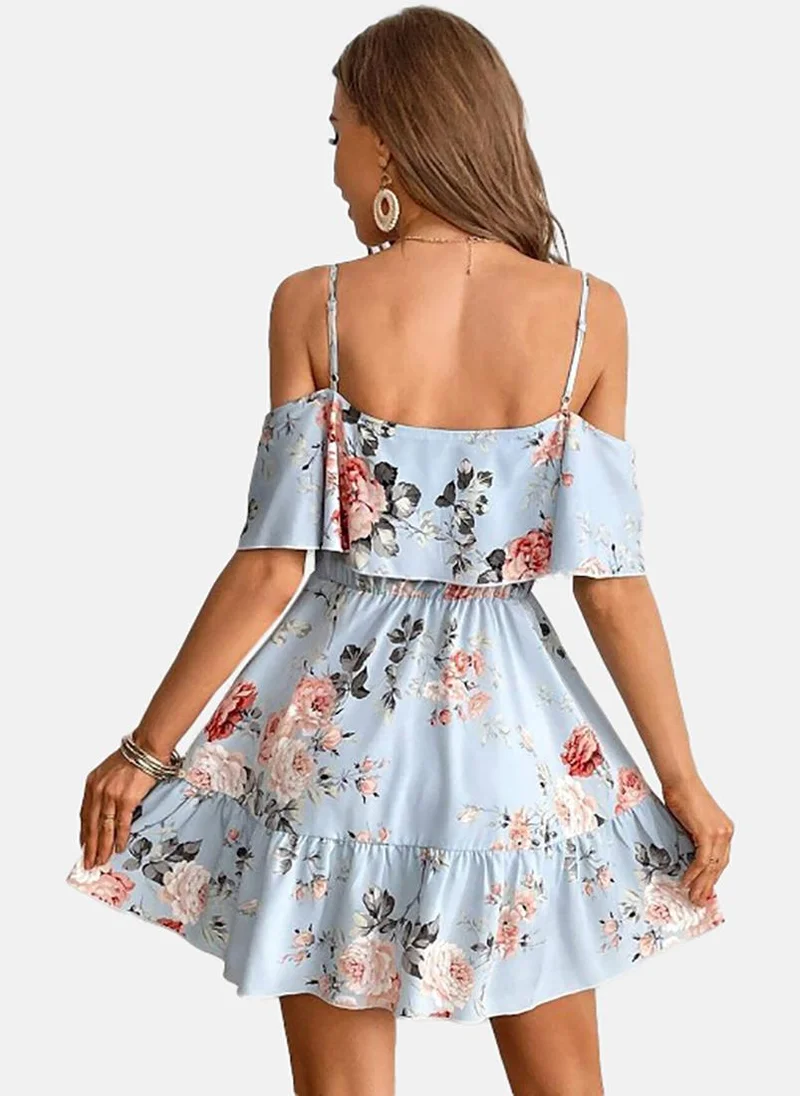 يونيكي Blue Floral Sleeveless Tie-up Mini Fit & Flare Dress
