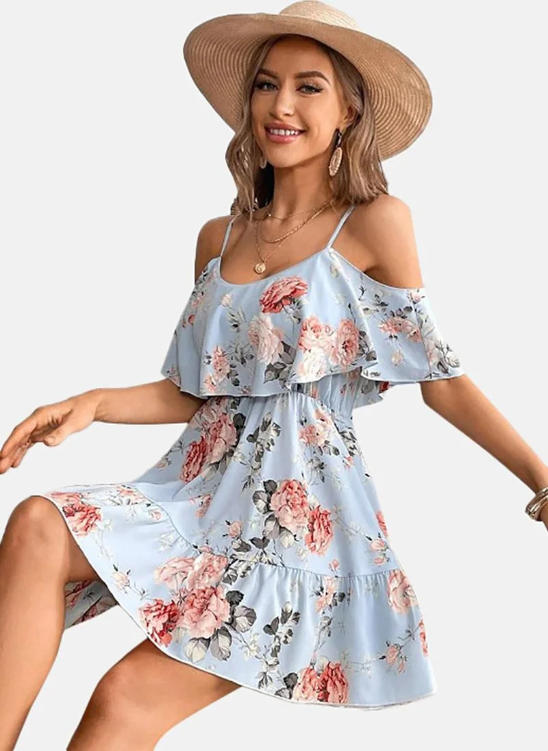 يونيكي Blue Floral Sleeveless Tie-up Mini Fit & Flare Dress