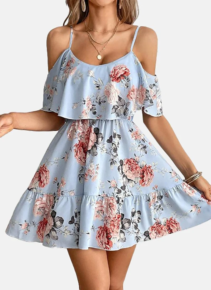يونيكي Blue Floral Sleeveless Tie-up Mini Fit & Flare Dress