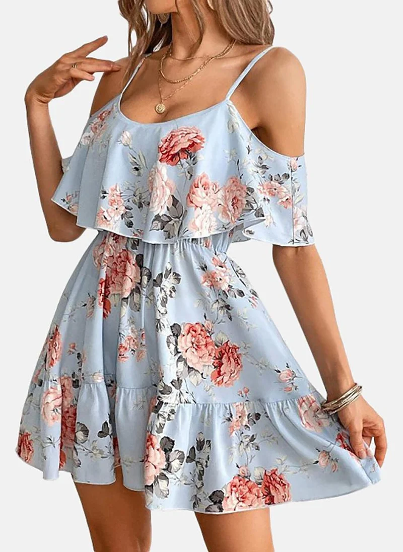 يونيكي Blue Floral Sleeveless Tie-up Mini Fit & Flare Dress
