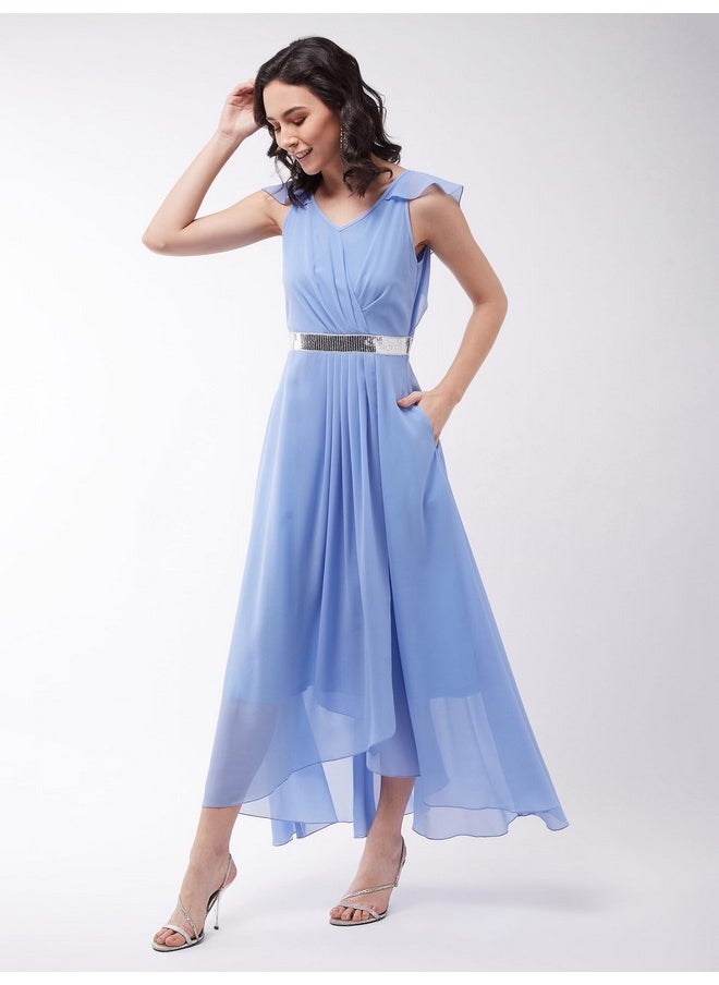 Miss Chase - Miss Chase Women's Powder Blue V-Neck Ruffled Sleeve Solid Embellished Maxi Dress (MCAW21D06-17-167-04,Powder Blue,M) - Image 1