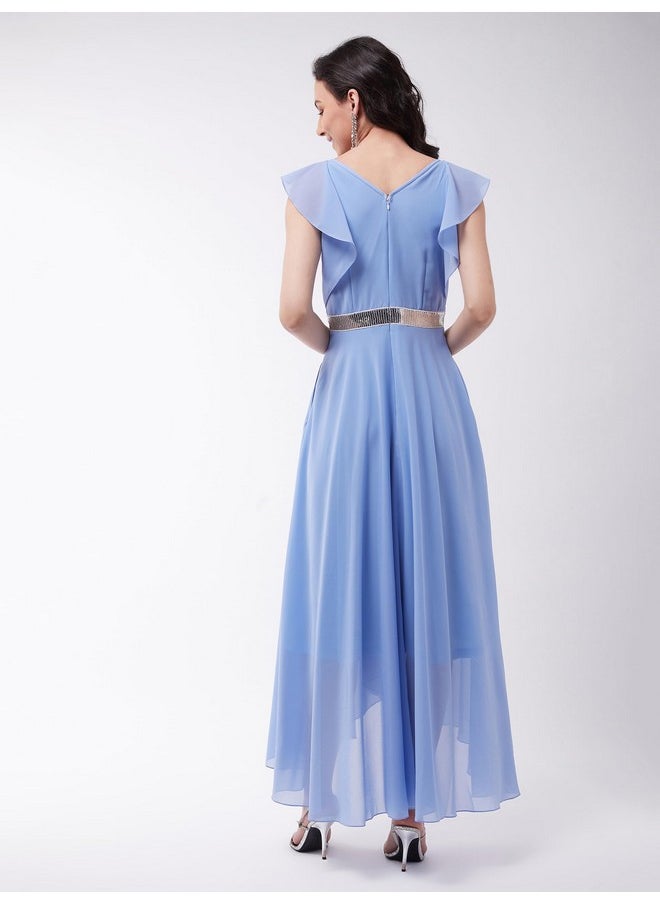 Miss Chase - Miss Chase Women's Powder Blue V-Neck Ruffled Sleeve Solid Embellished Maxi Dress (MCAW21D06-17-167-04,Powder Blue,M) - Image 1