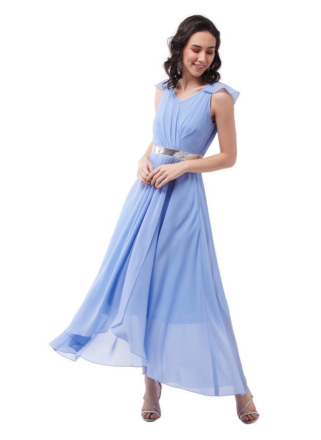 Miss Chase - Miss Chase Women's Powder Blue V-Neck Ruffled Sleeve Solid Embellished Maxi Dress (MCAW21D06-17-167-04,Powder Blue,M) - Image 1