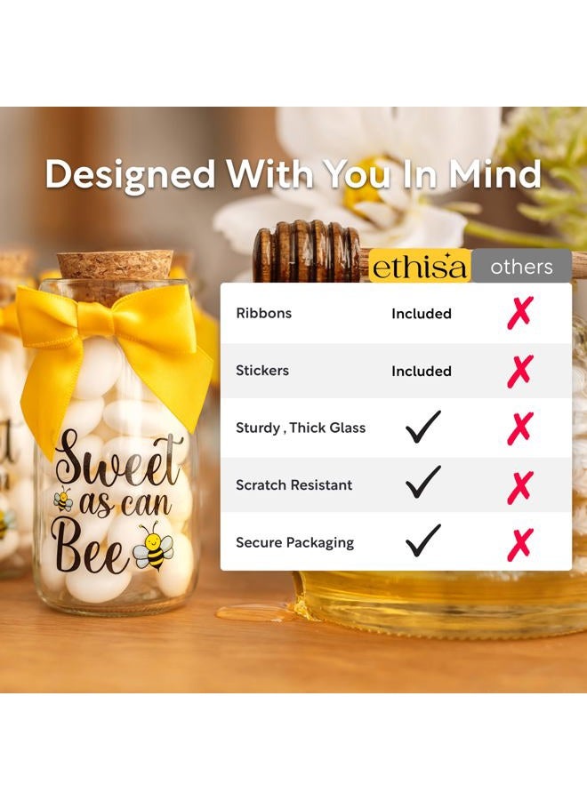 Ethisa 24 Pack Sweet As Can Bee Party Favor Glass Bottles with Ribbons and Stickers - Vintage Baby Shower and Birthday Souvenir for Guests and Table Centerpiece Decoration - Honey Bee Themed Candy Jar - Image 5