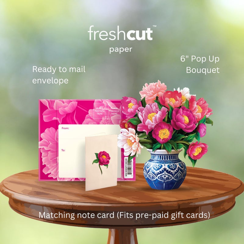 Freshcut Paper Pop Up Cards, Mini Peony Paradise, 6 Inch Mini Sized Forever Flower Bouquet 3D Popup Greeting Cards, Birthday Cards, Thank You Card, Blank Notecard & Envelope - Image 3