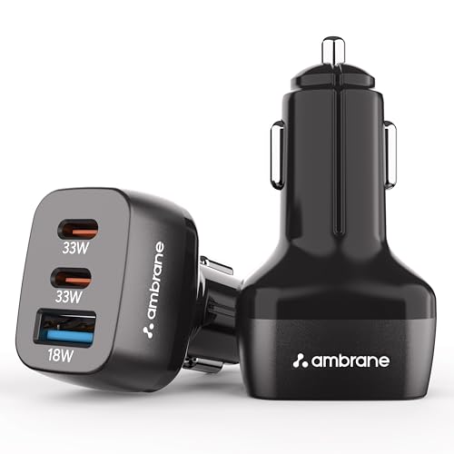 Ambrane 84W Triple Output Fast Car Charger with 2 Type-C & 1 USB, 33W Type C Charging with PD Technology, Fast Charging Adapter Compatible with Cars for iPhone & Android Smartphones (Charge C84,Black) - Image 1