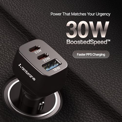 Ambrane 84W Triple Output Fast Car Charger with 2 Type-C & 1 USB, 33W Type C Charging with PD Technology, Fast Charging Adapter Compatible with Cars for iPhone & Android Smartphones (Charge C84,Black) - Image 3