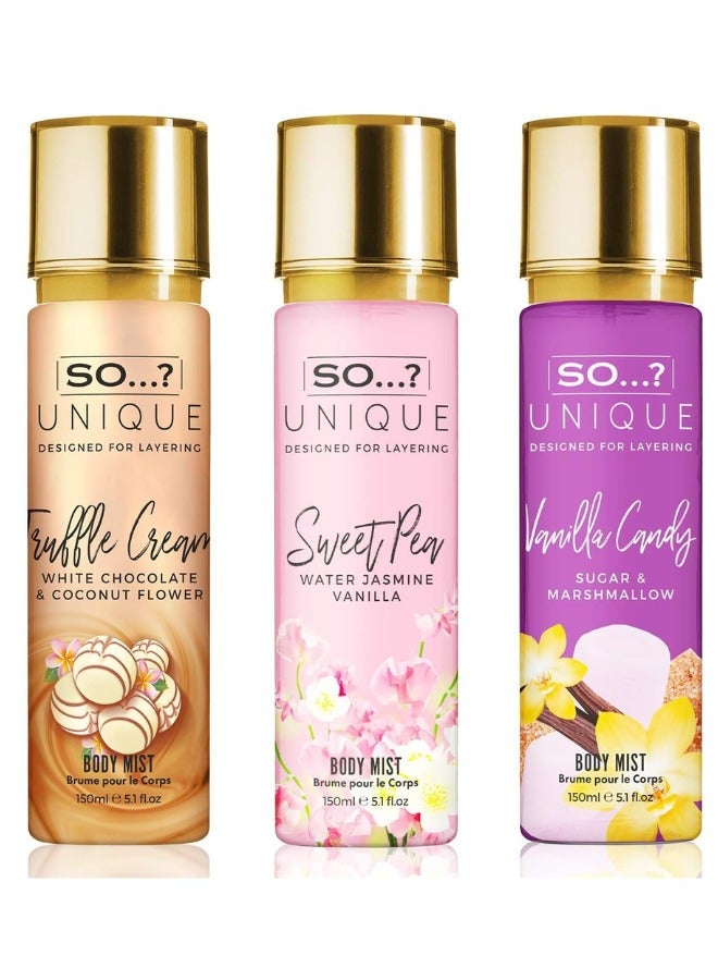 So..? So...? Unique Women's Candy Kiss Body Mist Bundle | 150ml | Pack of 3 | Includes Truffle Cream, Sweet Pea & Vanilla Candy | Sweet, Gourmand & Floral Scents | Long-Lasting Fragrance Sprays - Image 1