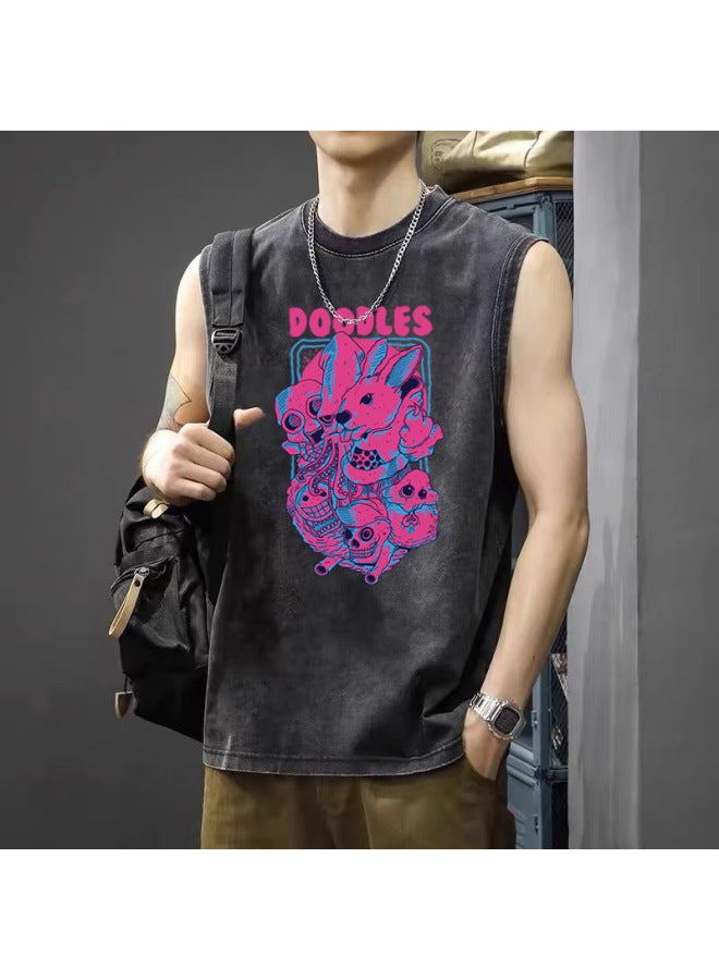 Oversized Loose Fit Pure Cotton Men's T-shirt Vintage Distressed Print Tank Top Men's Summer Heavyweight Pure Cotton Loose Sleeveless T-shirt