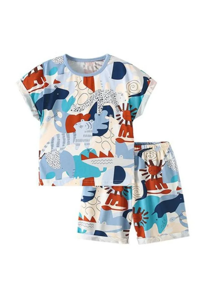 يونيكي Blue Crew Neck Short Sleeve Printed Tshirt & Shorts