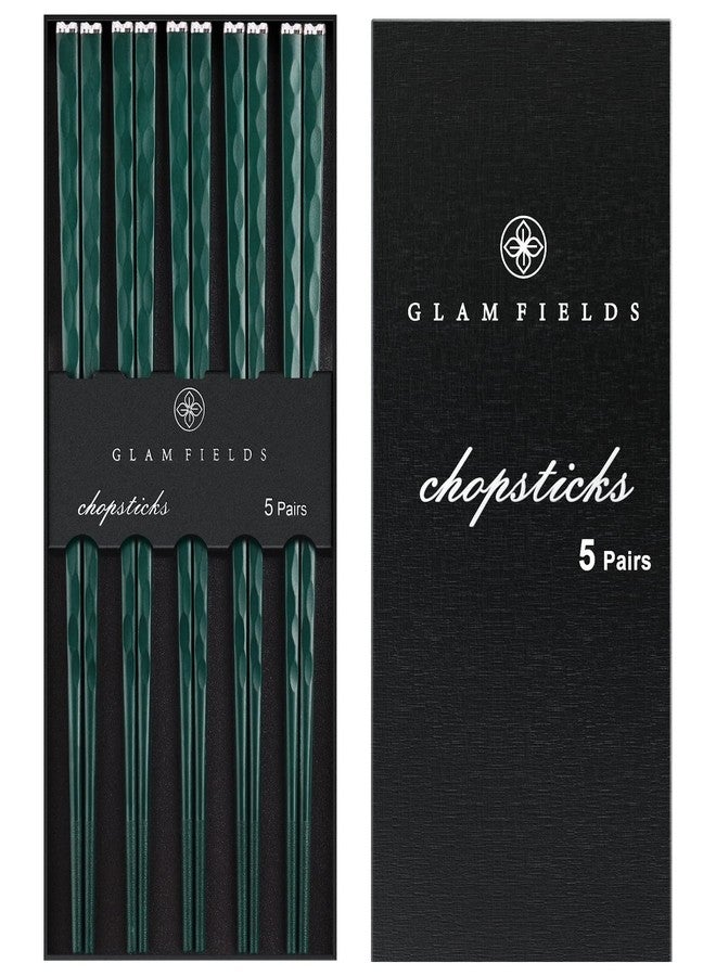 GLAMFIELDS 5 Pairs Chopsticks Reusable, Premium Fiberglass Chop sticks Dishwasher Safe for Sushi Ramen, Non-slip, 9 1/2 inches - Gift Set Green with Silver Plated - Image 1