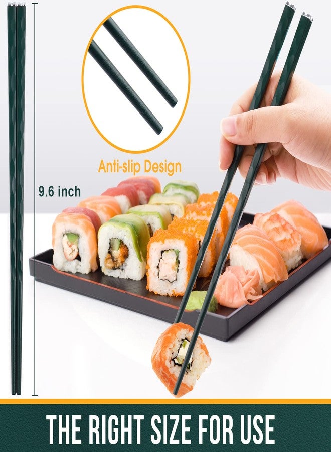 GLAMFIELDS 5 Pairs Chopsticks Reusable, Premium Fiberglass Chop sticks Dishwasher Safe for Sushi Ramen, Non-slip, 9 1/2 inches - Gift Set Green with Silver Plated - Image 3