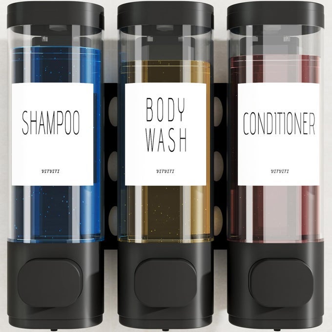 SHAMPOO AND CONDITIONER DISPENSER FOR SHOWER WALL SHOWER SOAP DISPENSER 3 CHAMBER NO DRILL WALL MOUNTED 102 OZ PLASTIC REFILLABLE BODY WASH BOTTLES FOR BATHROOM BLACK