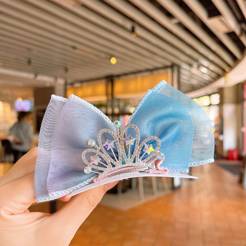 Generic Childrens crown bow mesh hairpin little girl hairpin headdress top clip baby cute snow white super fairy 4# Blue Crown hairpin