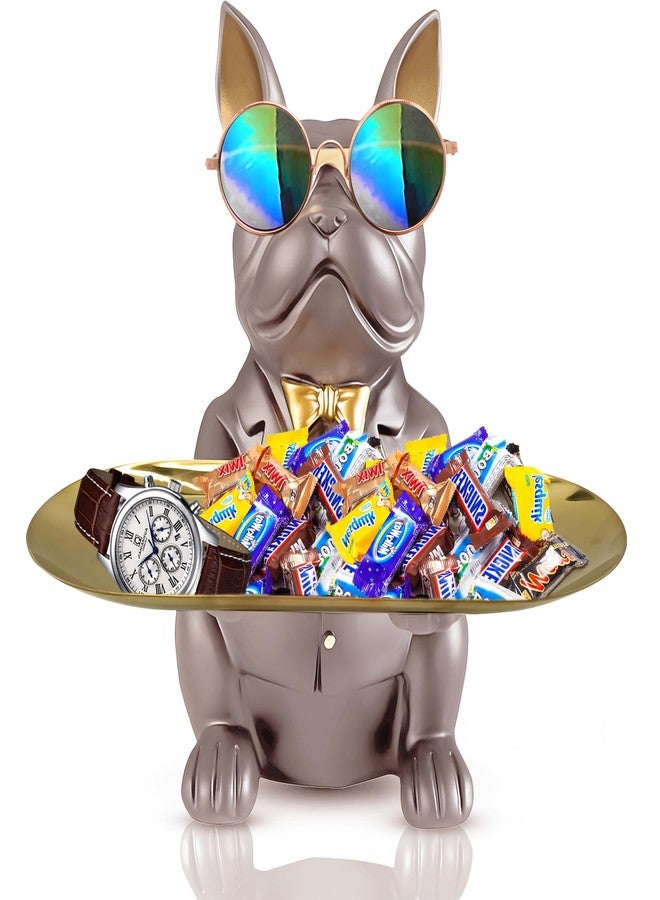 Huhote Sitting Bulldog Statue, Candy Dish Key Holder Bowl, Resin Figurine for Office Desk Home Decor Entryway Table Decor (Purple Grey) - Image 1