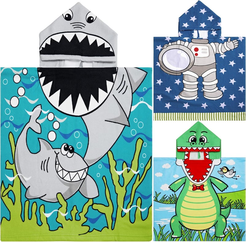 Chumia 3 Pack Kids Hooded Beach Poncho Towels Toddler Swim Pool Bath Towels with Hood Thicker Cotton Absorbent Cover up for Boys Girls Baby47 x 24 InchShark Astronaut - Image 1