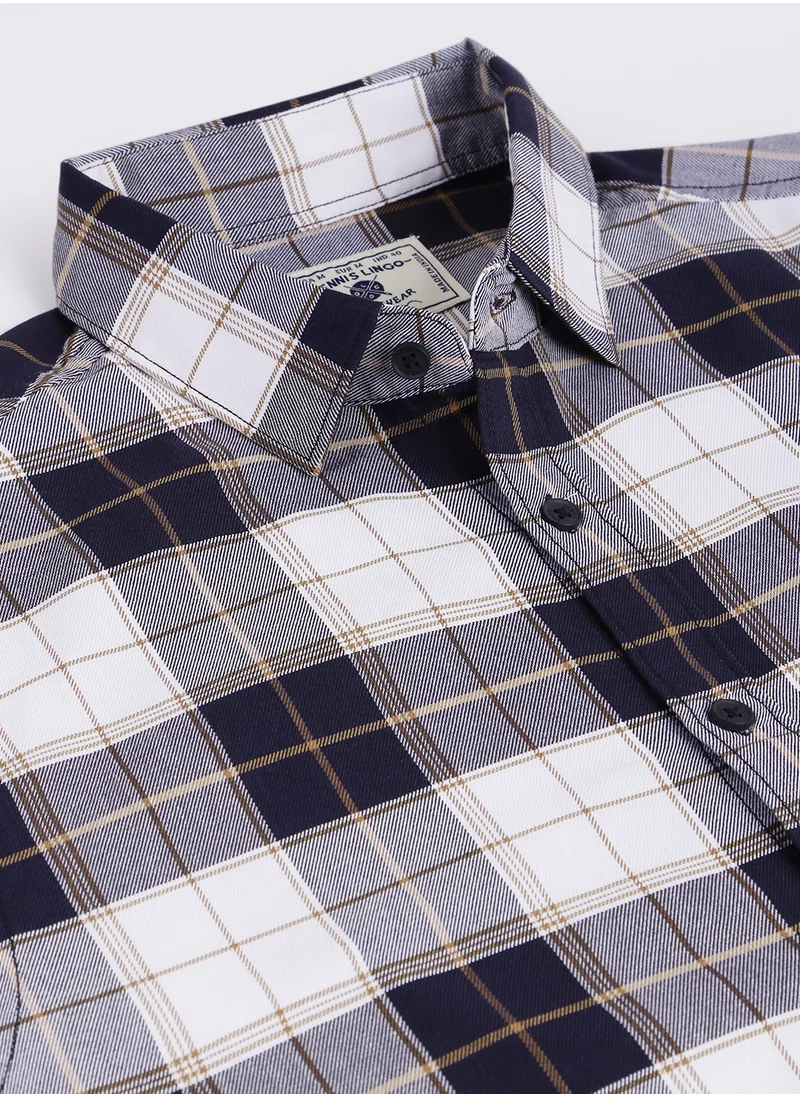 Dennis Lingo Slim Fit Navy Men's Checkered Shirt, Spread Collar, Full Sleeves, 100% Cotton,